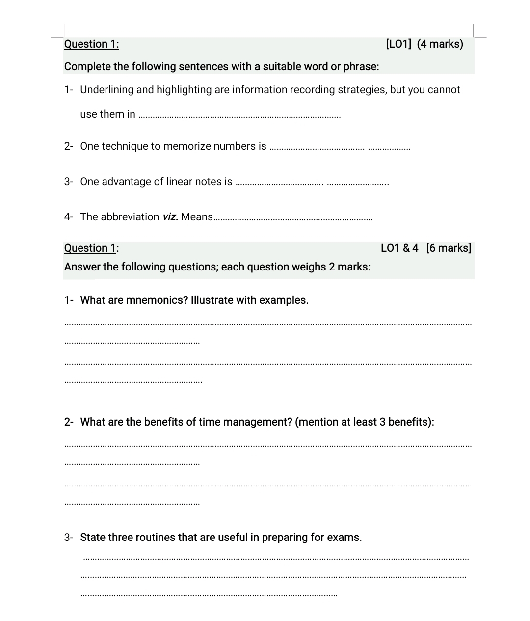  Question 1: [LO1](4 marks) Complete the following sentences with a suitable