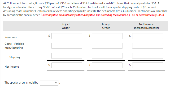  At Cullumber Electronics, it costs $30 per unit ($16 variable and