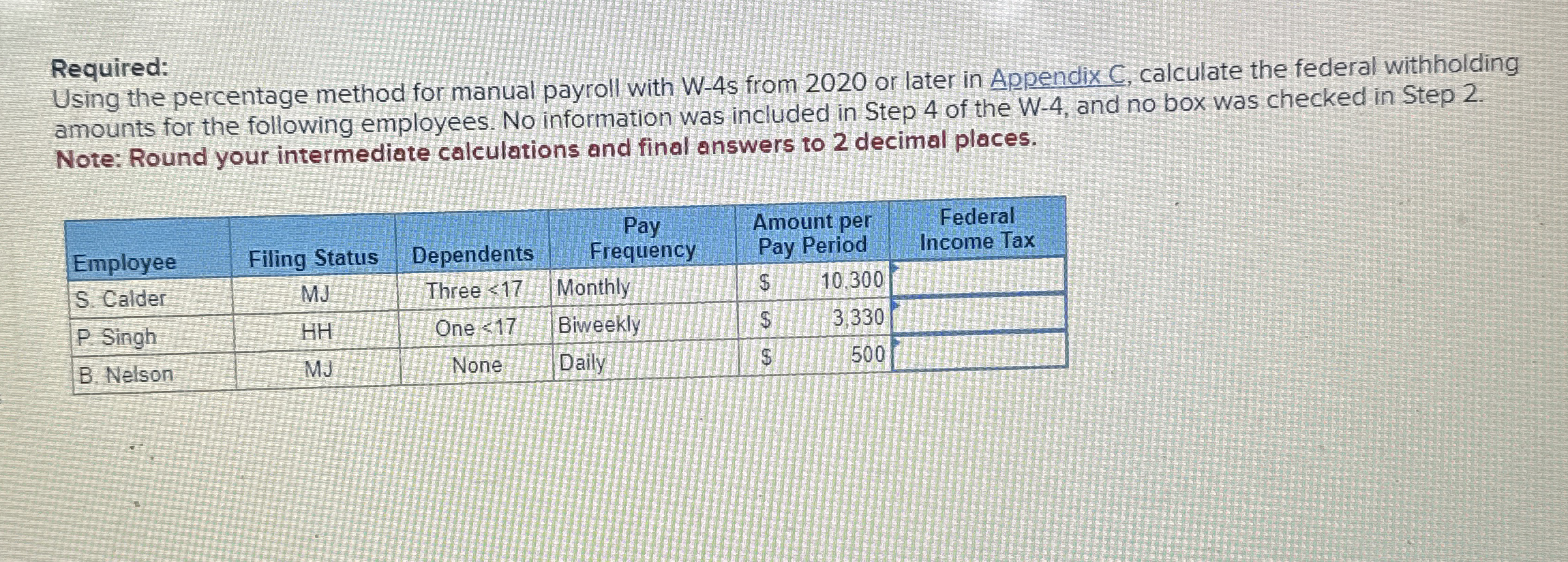  Required: Using the percentage method for manual payroll with W-4 sfom