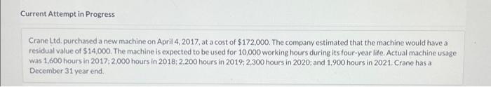  Crane Ltd. purchased a new machine on April 4, 2017, at