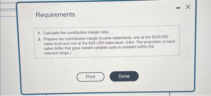 range is between sales of $249,000 and $361,000. Read the fequirements: Requirement