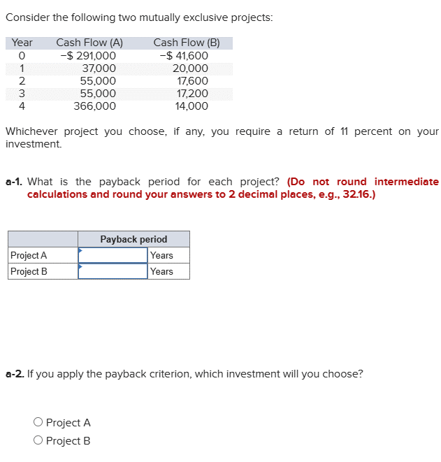  Consider the following two mutually exclusive projects: Whichever project you choose,