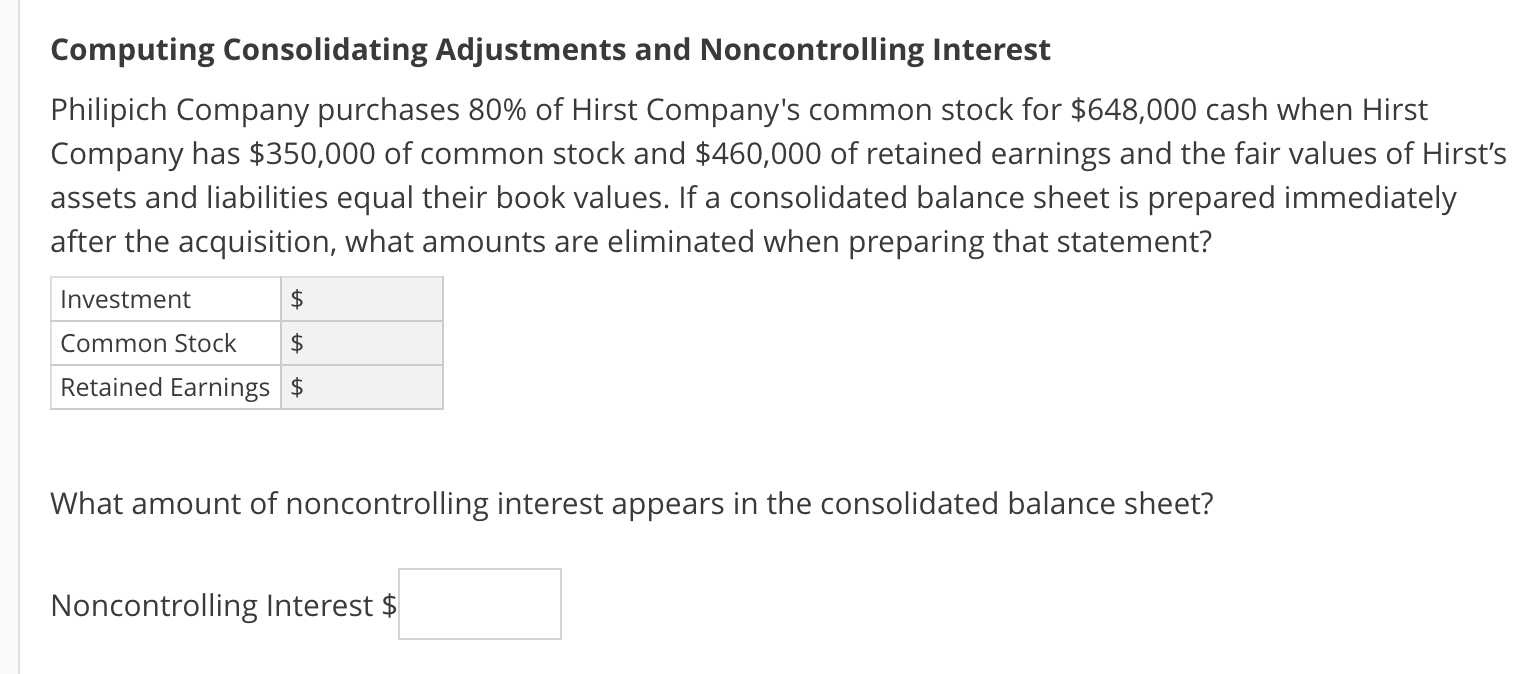  Computing Consolidating Adjustments and Noncontrolling Interest Philipich Company purchases 80% of
