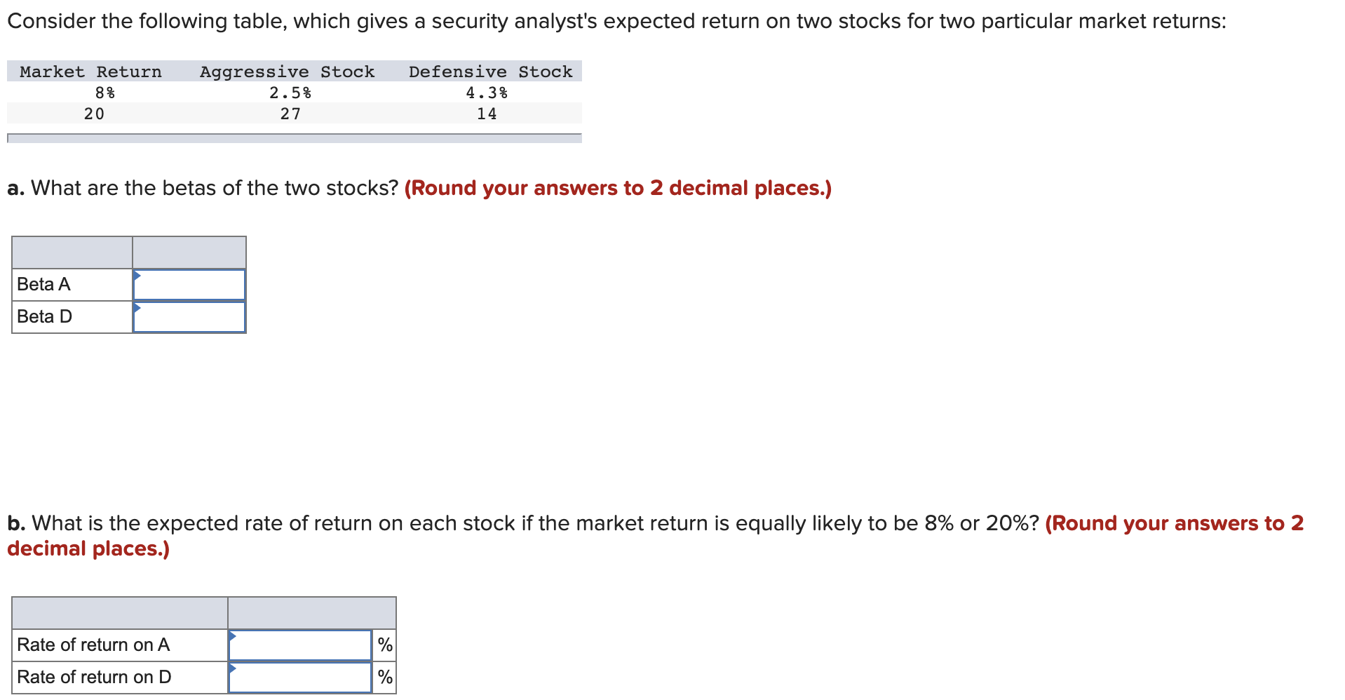  Consider the following table, which gives a security analyst's expected return