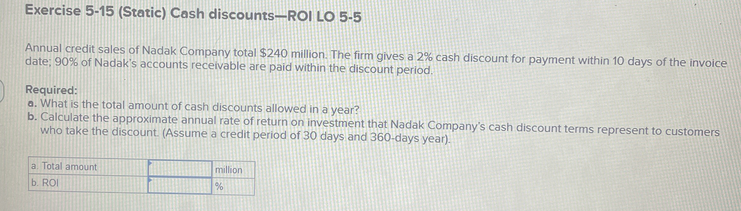  Exercise 5-15(Static) Cash discounts-ROI LO 5-5 Annual credit sales of Nadak