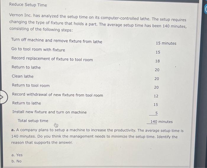  #2 Reduce Setup Time Vernon Inc. has analyzed the setup time