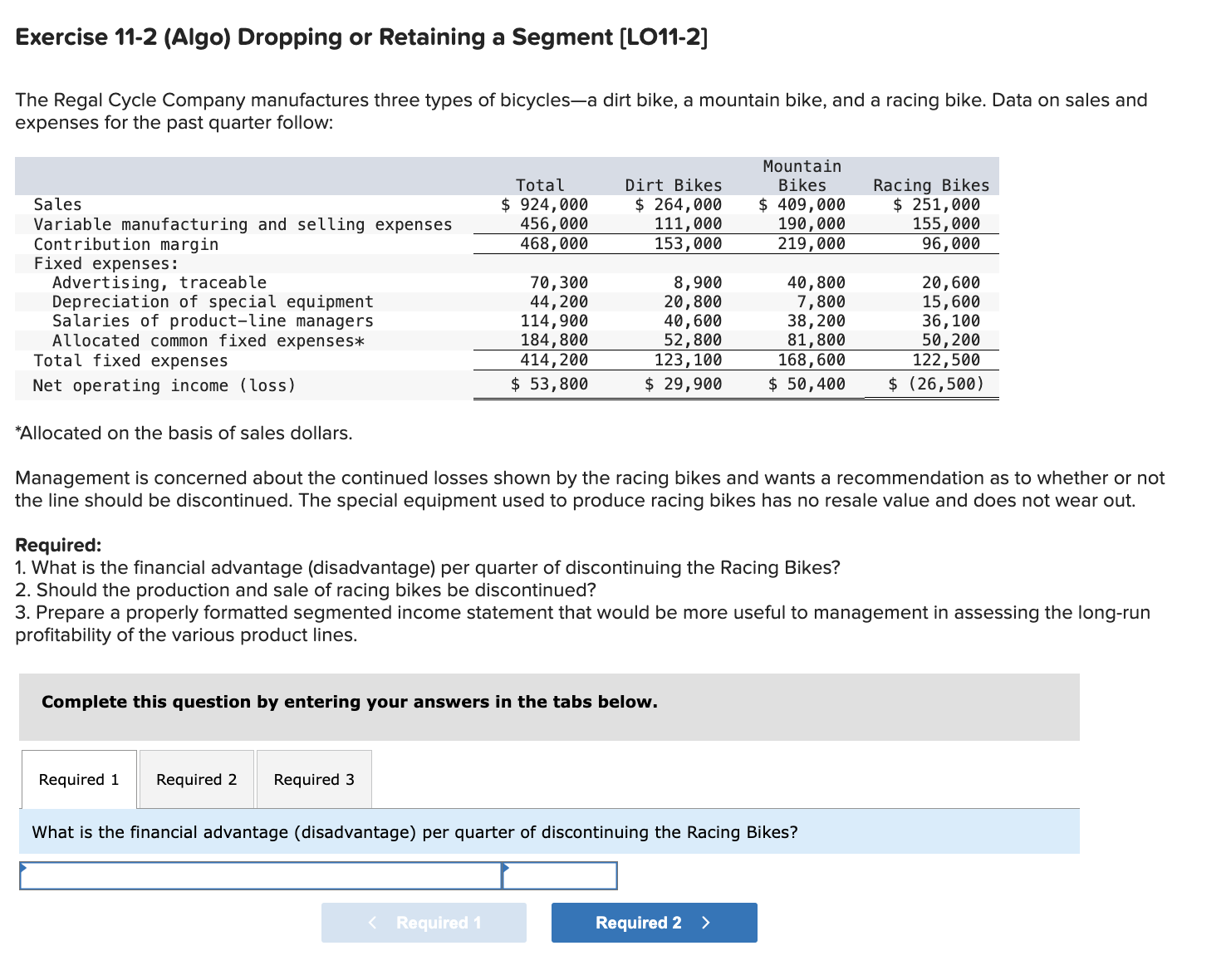  Exercise 11-2 (Algo) Dropping or Retaining a Segment [LO11-2] The Regal