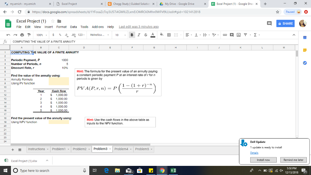 my.emich Excel Project xC Chegg Study | Guided Solution My Drive -