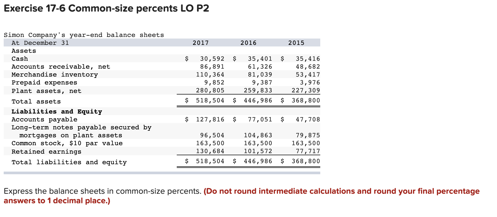  Exercise 17-6 Common-size percents LO P2 2017 2016 2015 $ $