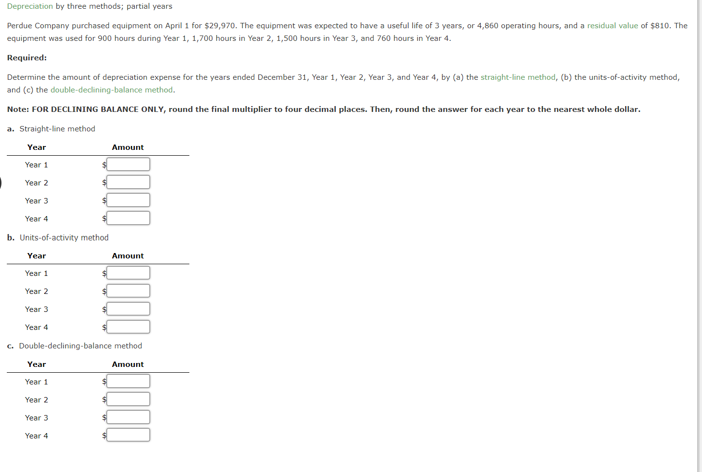 Depreciation by three methods; partial years equipment was used for 900