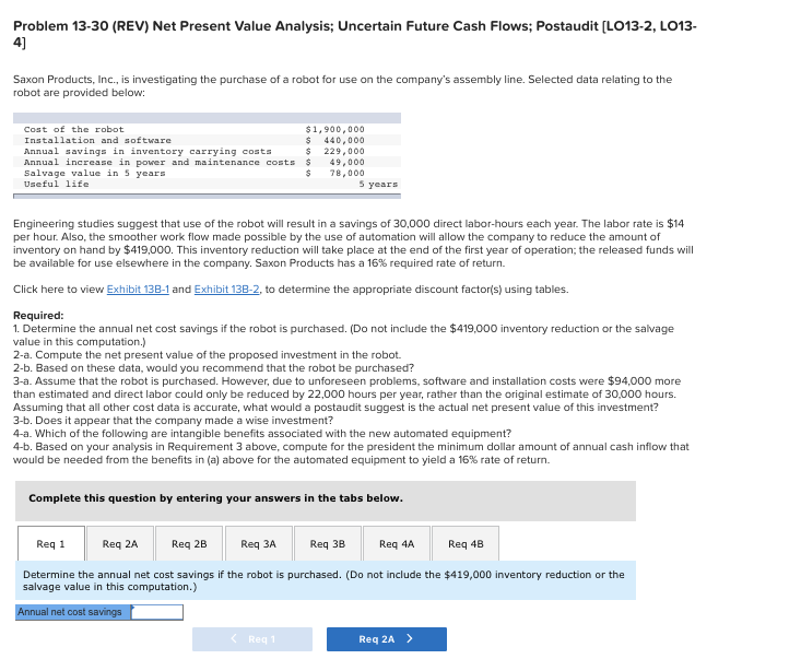  Problem 13-30 (REV) Net Present Value Analysis; Uncertain Future Cash Flows;