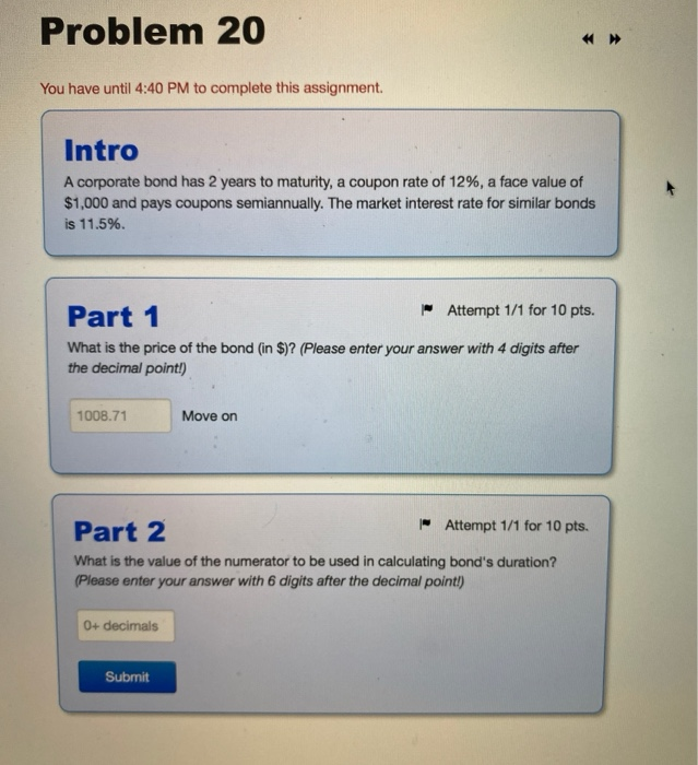  help with part 2 please! Problem 20 You have until 4:40