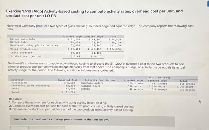  Required: 1. Compute the activity rate for each activity using activity-based