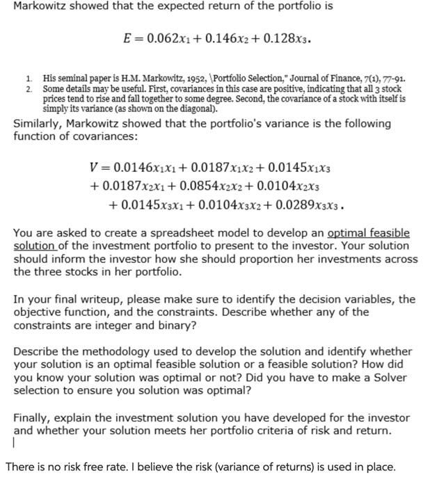 very grateful Stock Selection Case Study Markowitz won the Nobel Prize for