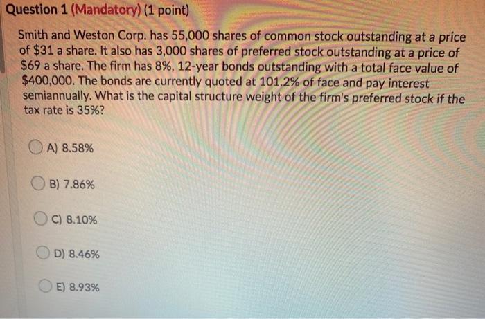  Question 1 (Mandatory) (1 point) Smith and Weston Corp. has 55,000