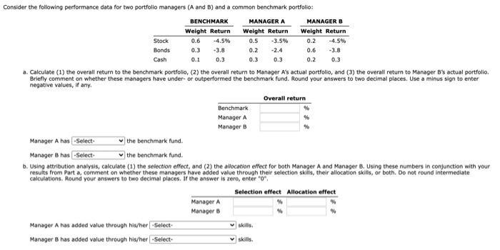  Consider the following performance data for two portfolio managers (A and