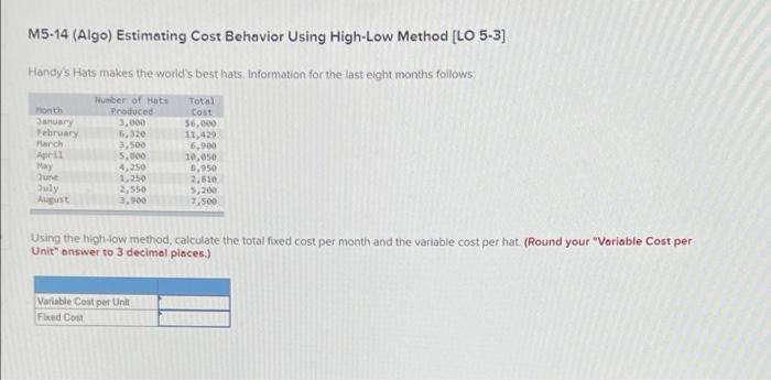  M5-14 (Algo) Estimating Cost Behavior Using High-Low Method [LO 5-3) Handy's