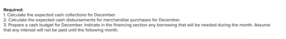 collections for December. 2. Calculate the expected cash disbursements for merchandise purchases