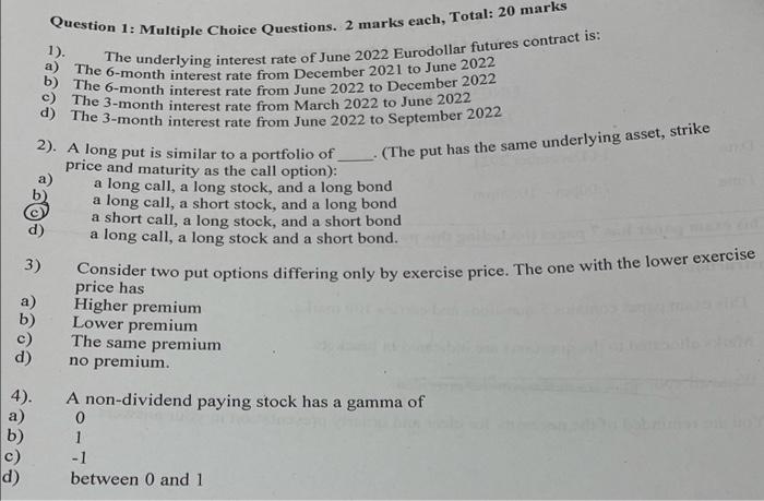  1). Question 1: Multiple Choice Questions. 2 marks each, Total: 20