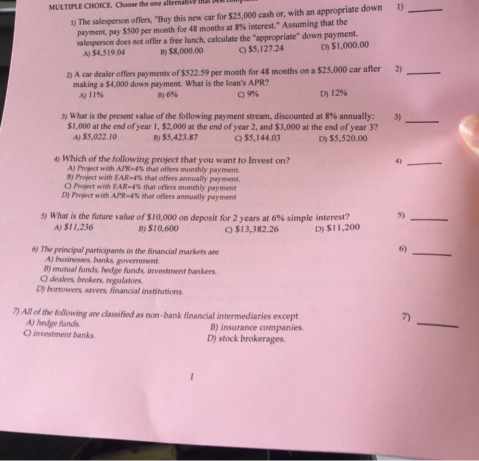 alternative thal Des MULTIPLE CHOICE. Choose the one 1) The salesperson