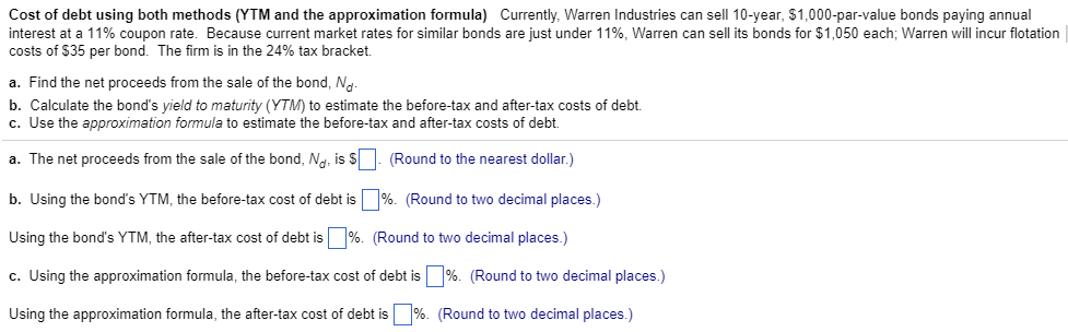  Cost of debt using both methods (YTM and the approximation formula)