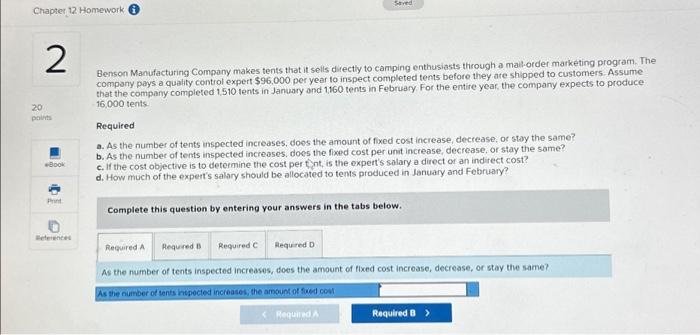  Chapter 12 Homework i 2 20 points eBook Print References Saved
