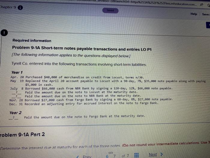  Required information Problem 9-1A Short-term notes payable transactions and entries LO
