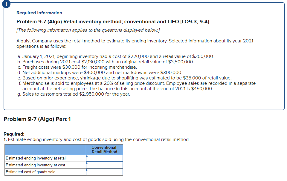 (LO9-3, 9-4) (The following information applies to the questions displayed below.) Alquist