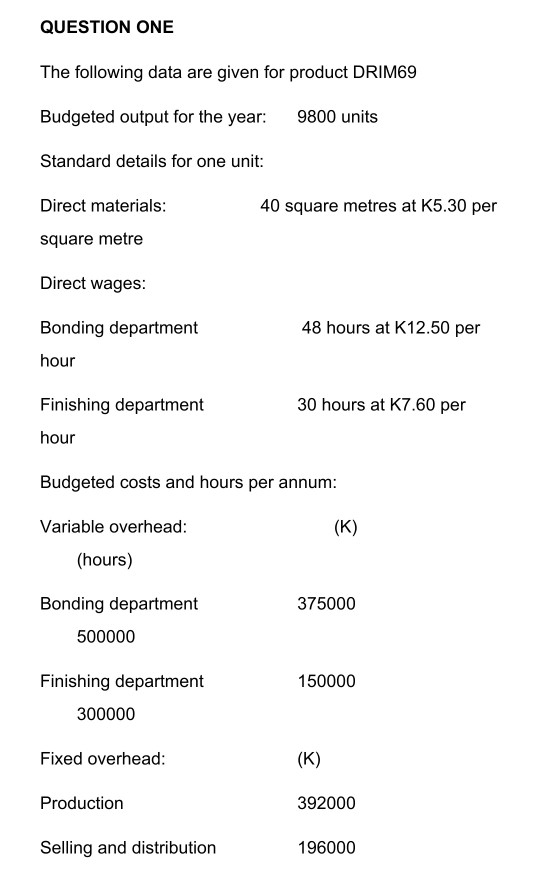 QUESTION ONE The following data are given for product DRIM69 Budgeted