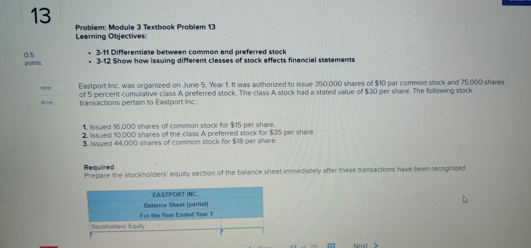 13 Problem: Module 3 Textbook Problem 13 Learning Objectives: 0.5 points