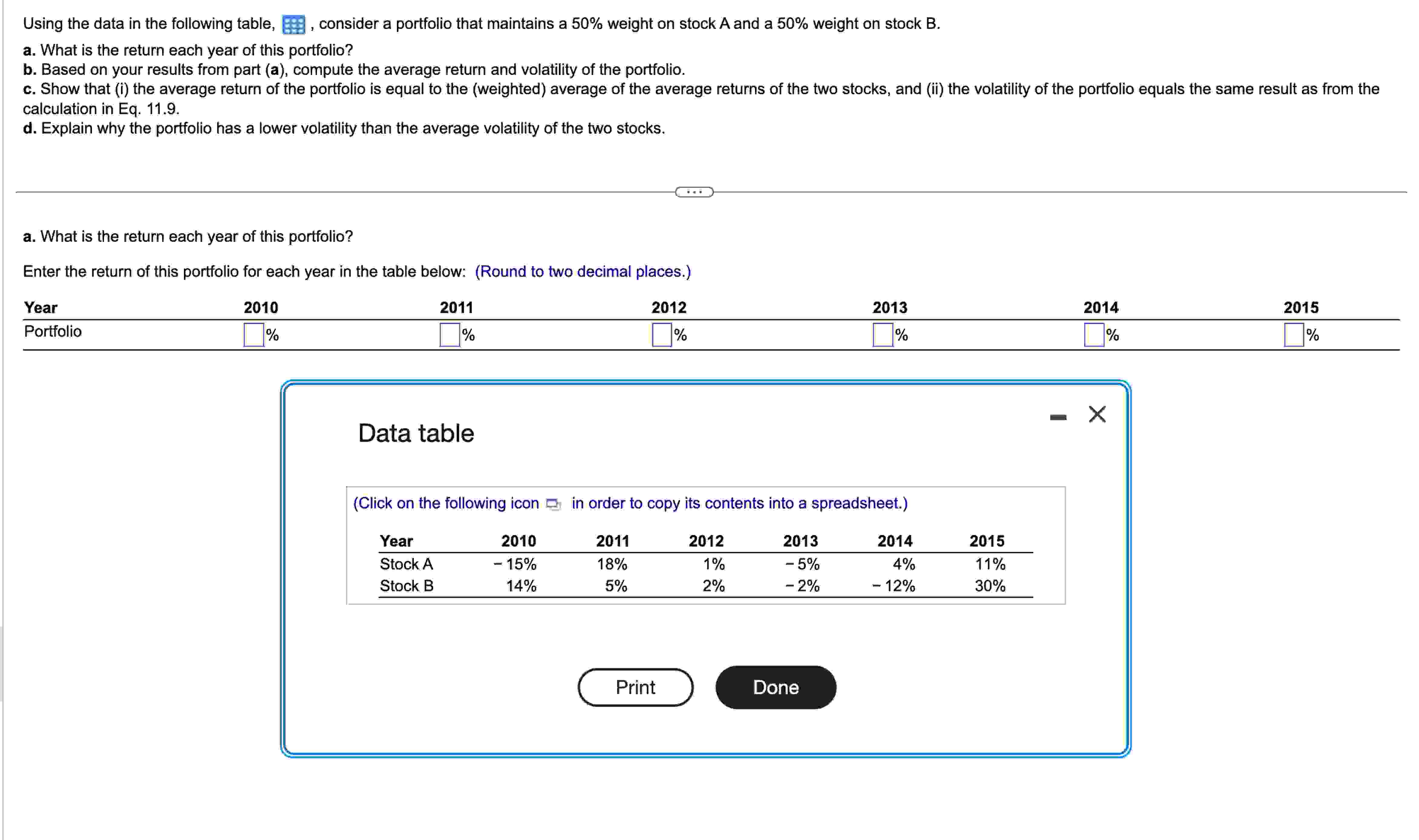  Using the data in the following table, 8, consider a portfolio
