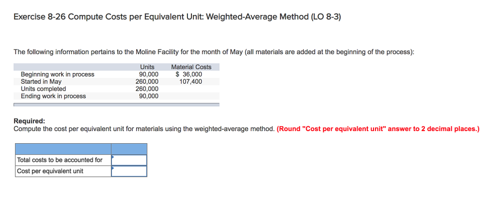  Exercise 8-26 Compute Costs per Equivalent Unit: Weighted-Average Method (LO 8-3)