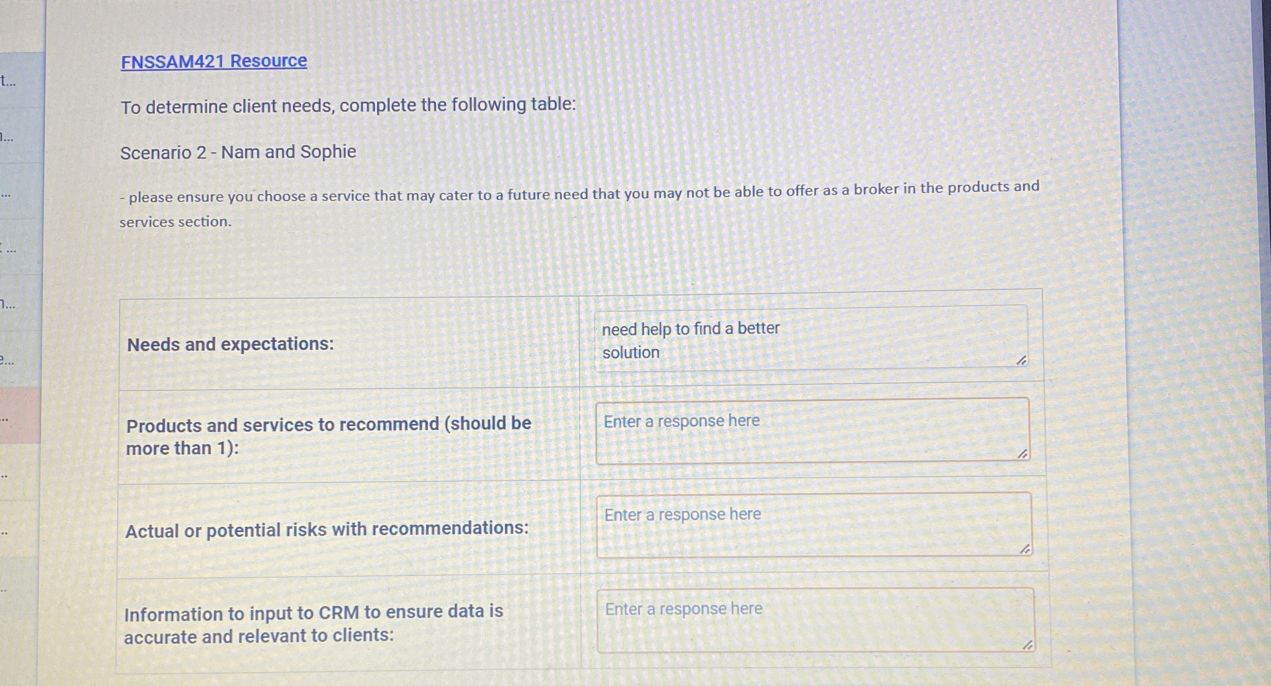  FNSSAM421 Resource To determine client needs, complete the following table: Scenario