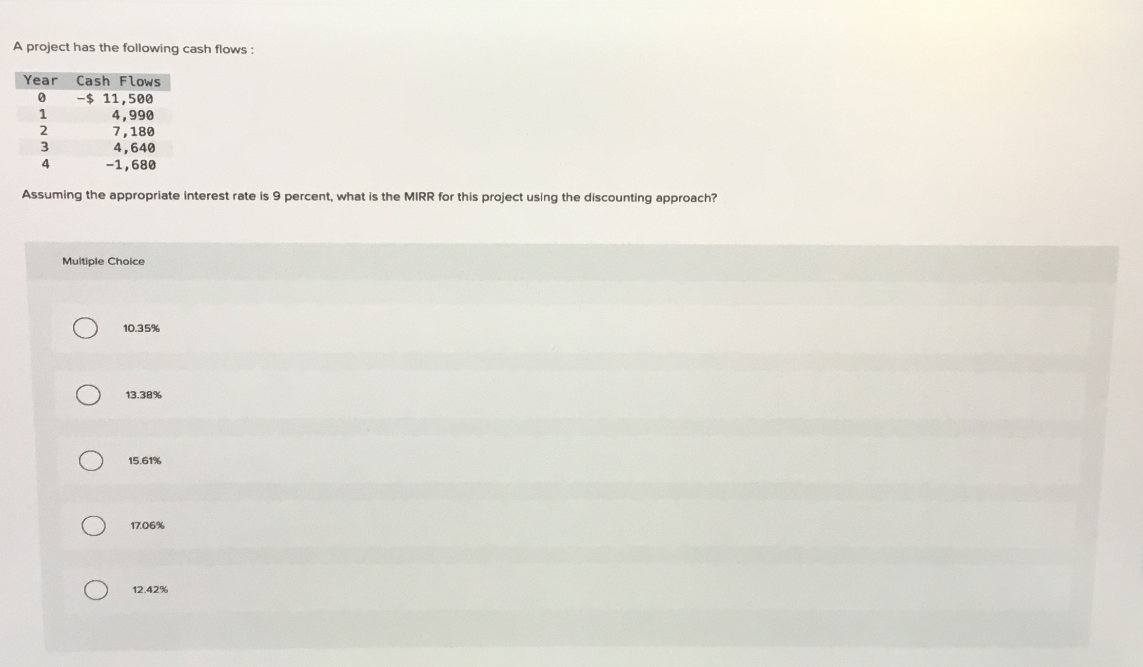  A project has the following cash flows : \table[[Year,Cash Flows],[0,-$11,500 