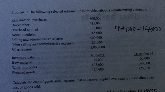  Problem 1: The following selected information is provided about a manufacturing