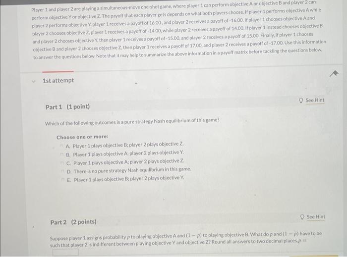 need help 1,2,3 Player 1 and player 2 areplaying a simultaneous-move one