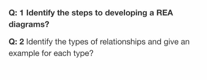  Q: 1 Identify the steps to developing a REA diagrams? Q: