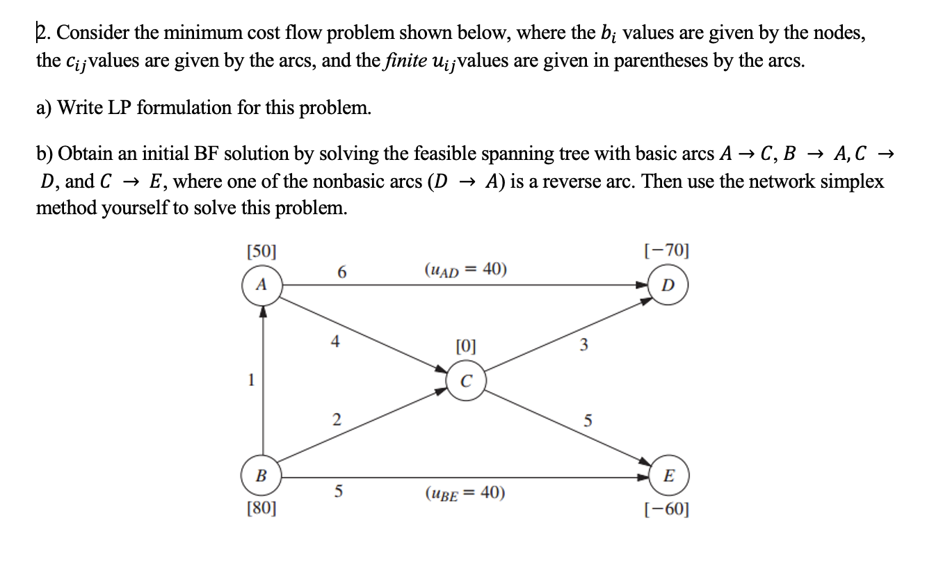  2. Consider the minimum cost flow problem shown below, where the