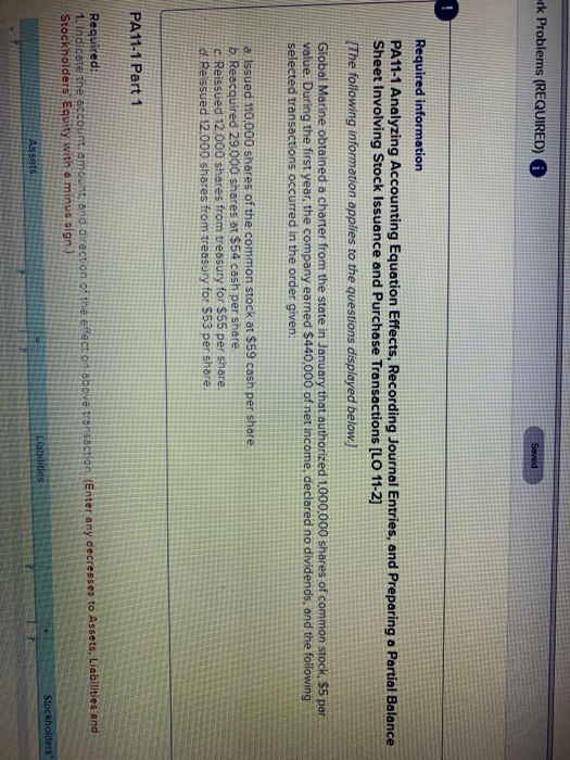  rk Problems (REQUIRED) Required information PA11-1 Analyzing Accounting Equation Effects, Recording