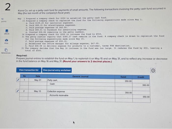 fund for payments of small amounts. The following transactions involving the petty