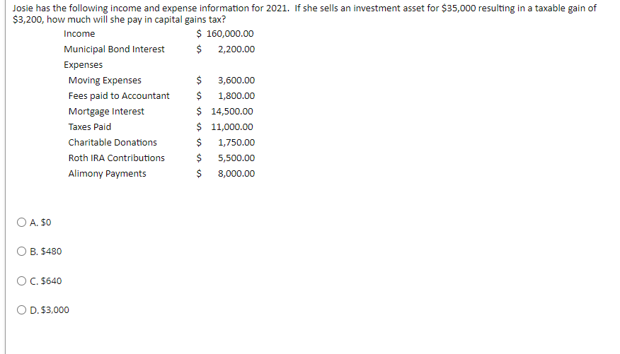 A. $0 B. $480 C. $640 D. $3,000