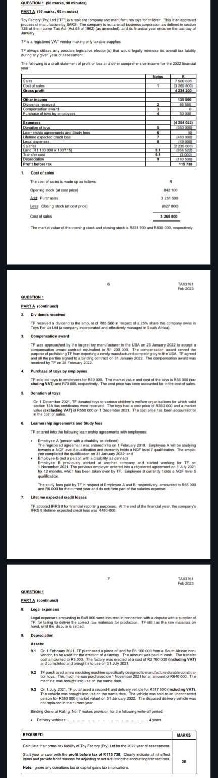  QUESTION 1(50 marks, 90 minutes) PART A (36 marks, 65 minutes)