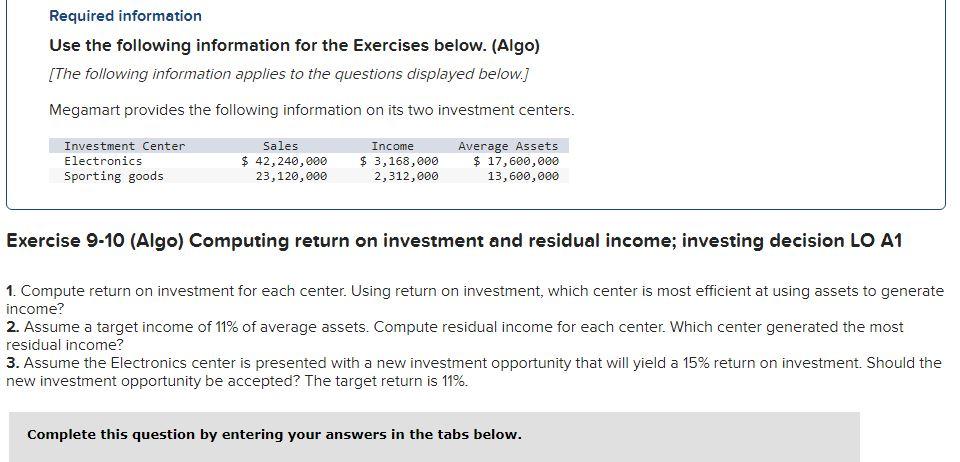  Required information Use the following information for the Exercises below. (Algo)