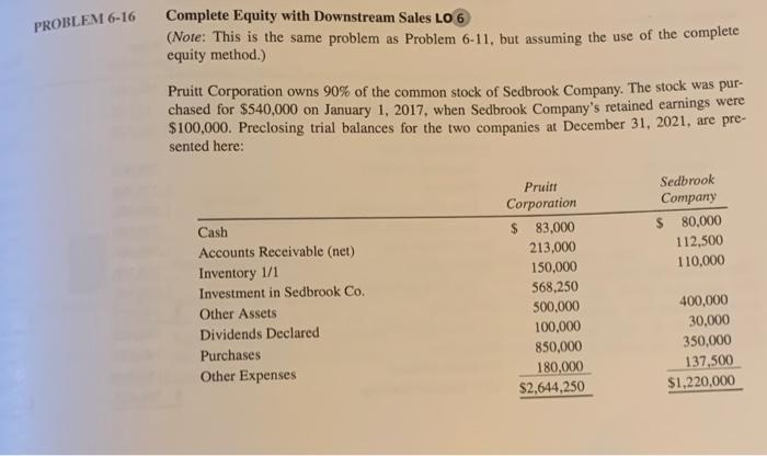  PROBLEM 6-16 Complete Equity with Downstream Sales LO 6 (Note: This