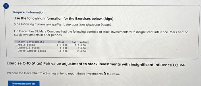  Required information Use the following information for the Exercises below. (Algo)