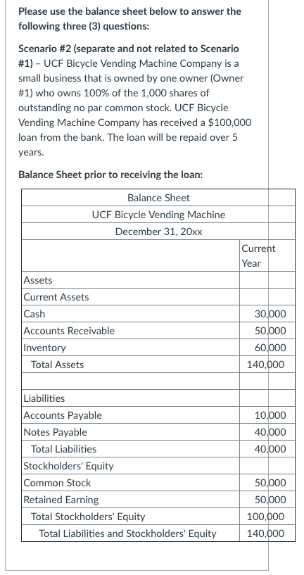  Please use the balance sheet below to answer the following three