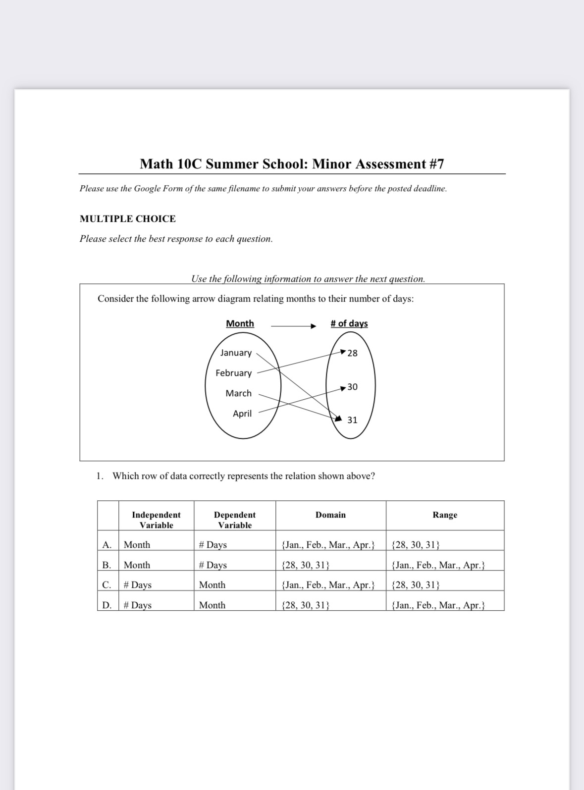  Math 10C Summer School: Minor Assessment #7 Please use the Google