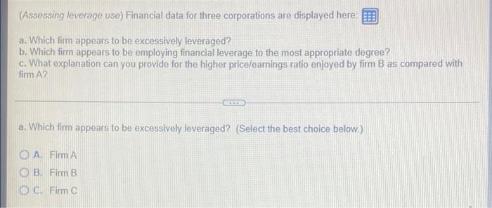  (Assessing leverage use) Financial data for three corporations are displayed here