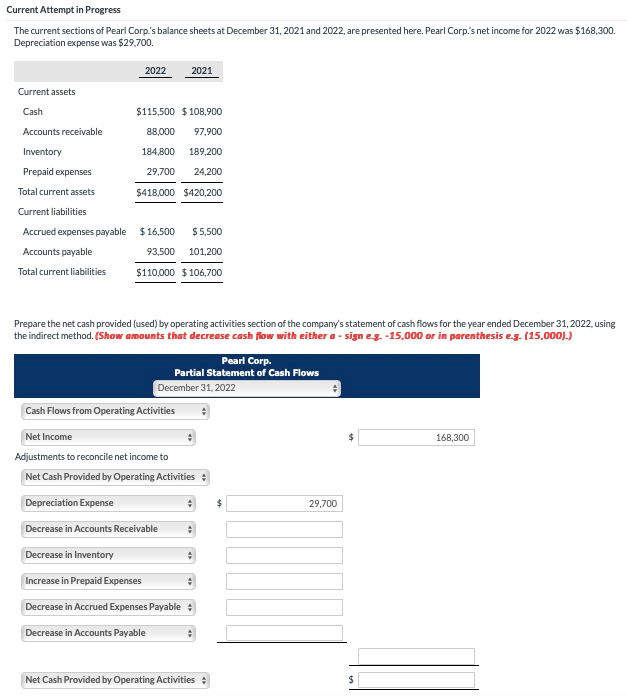 Current Attempt in Progress The current sections of Pearl Corp.'s balance