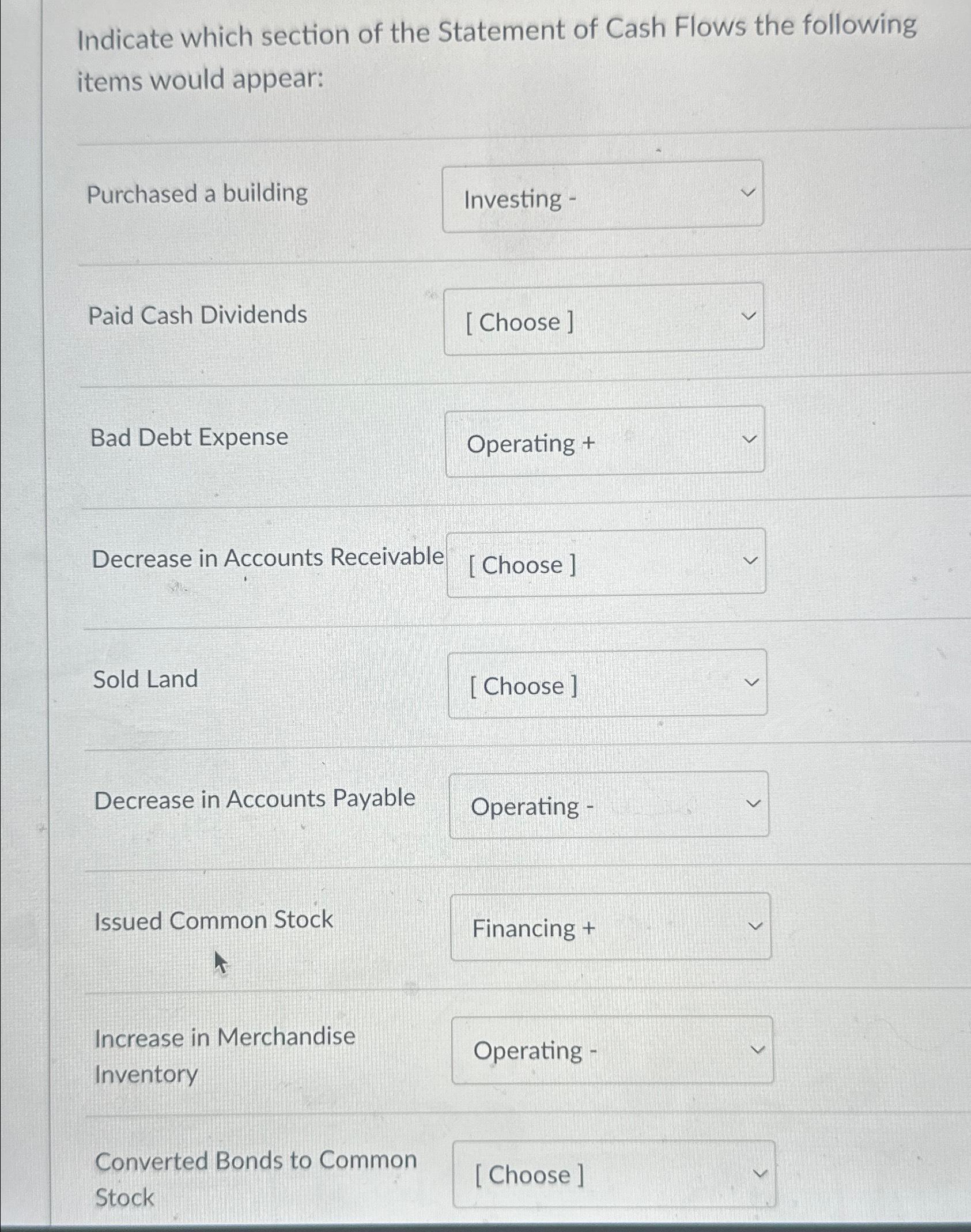  Question 53 16pts ndicate which section of the Statement of Cash